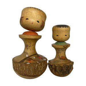 Japanese Kokeshi Bobble Head Doll Girl And Boy Tree Like Base Hand Painted jap